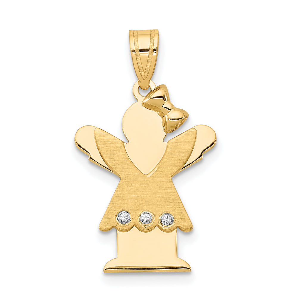 14k The Kids Small Girl with Ruffles and Bow on Right AA Diamond Love Pendant