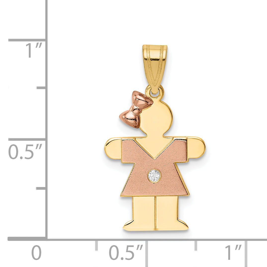 14k Two-tone The Kids Small Girl with Bow on Left AAA Diamond Hugs Pendant