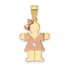 14k Two-tone The Kids Small Girl with Bow on Left AAA Diamond Hugs Pendant