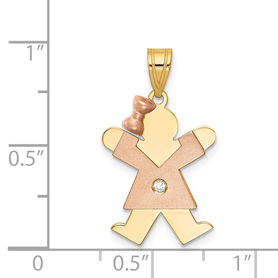 14k Two-tone The Kids Small Girl with Bow on Left AAA Diamond Joy Pendant