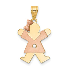 14k Two-tone The Kids Small Girl with Bow on Left AAA Diamond Joy Pendant