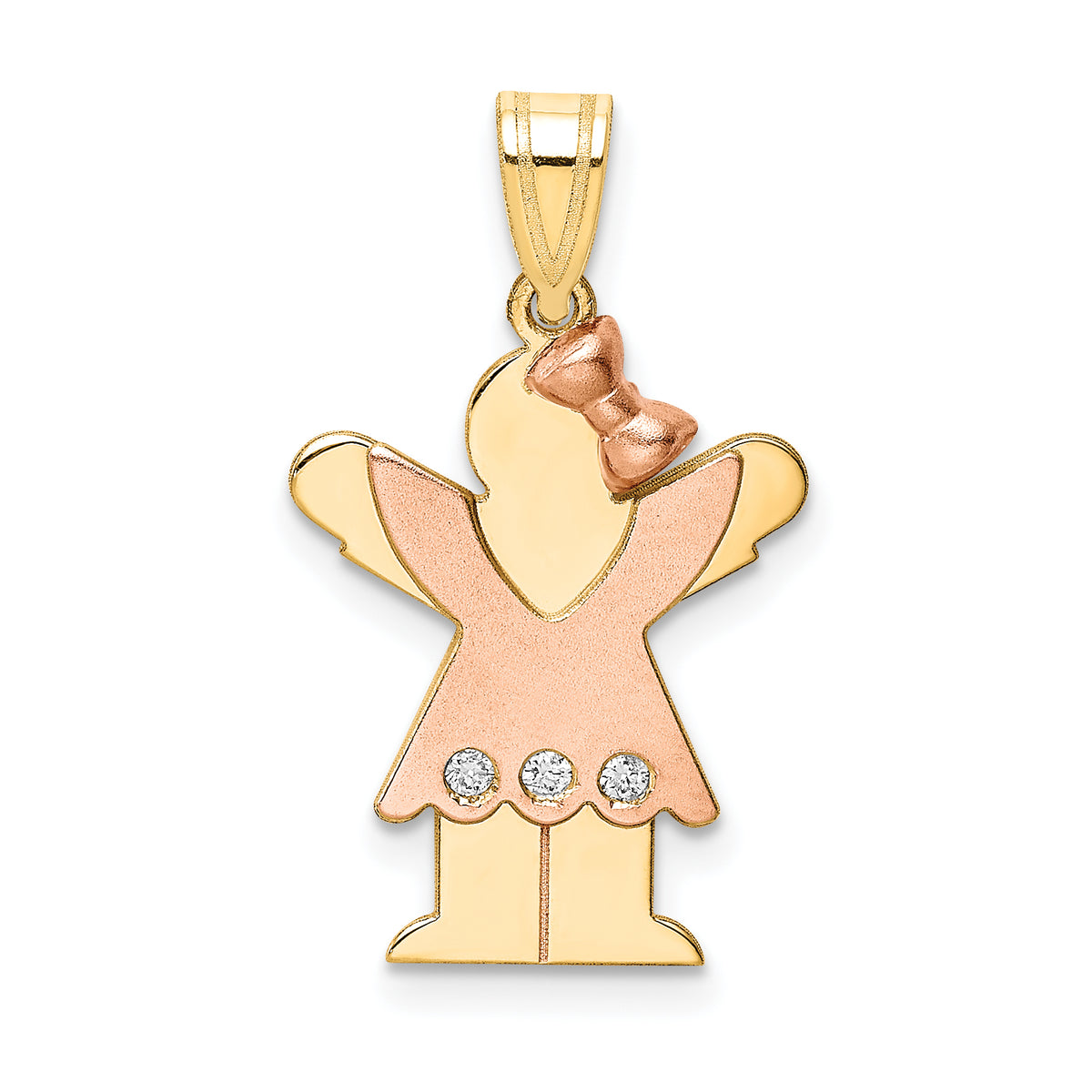 14k Two-tone The Kids Small Girl with Ruffles and Bow on Right AAA Diamond Love Pendant