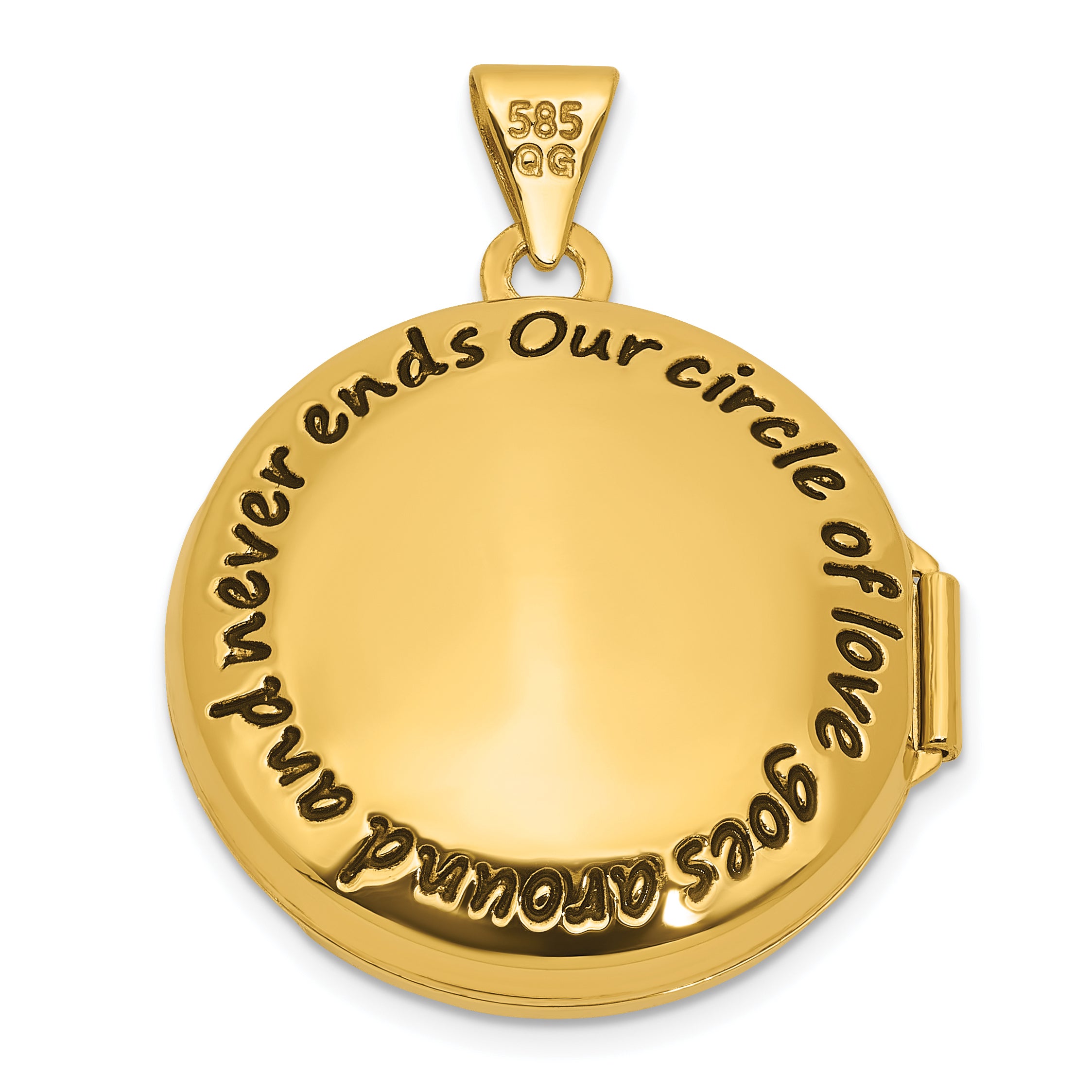14k and White Rhodium OUR CIRCLE OF LOVE GOES AROUND AND NEVER ENDS Black Oil Reversible 20mm Round Locket