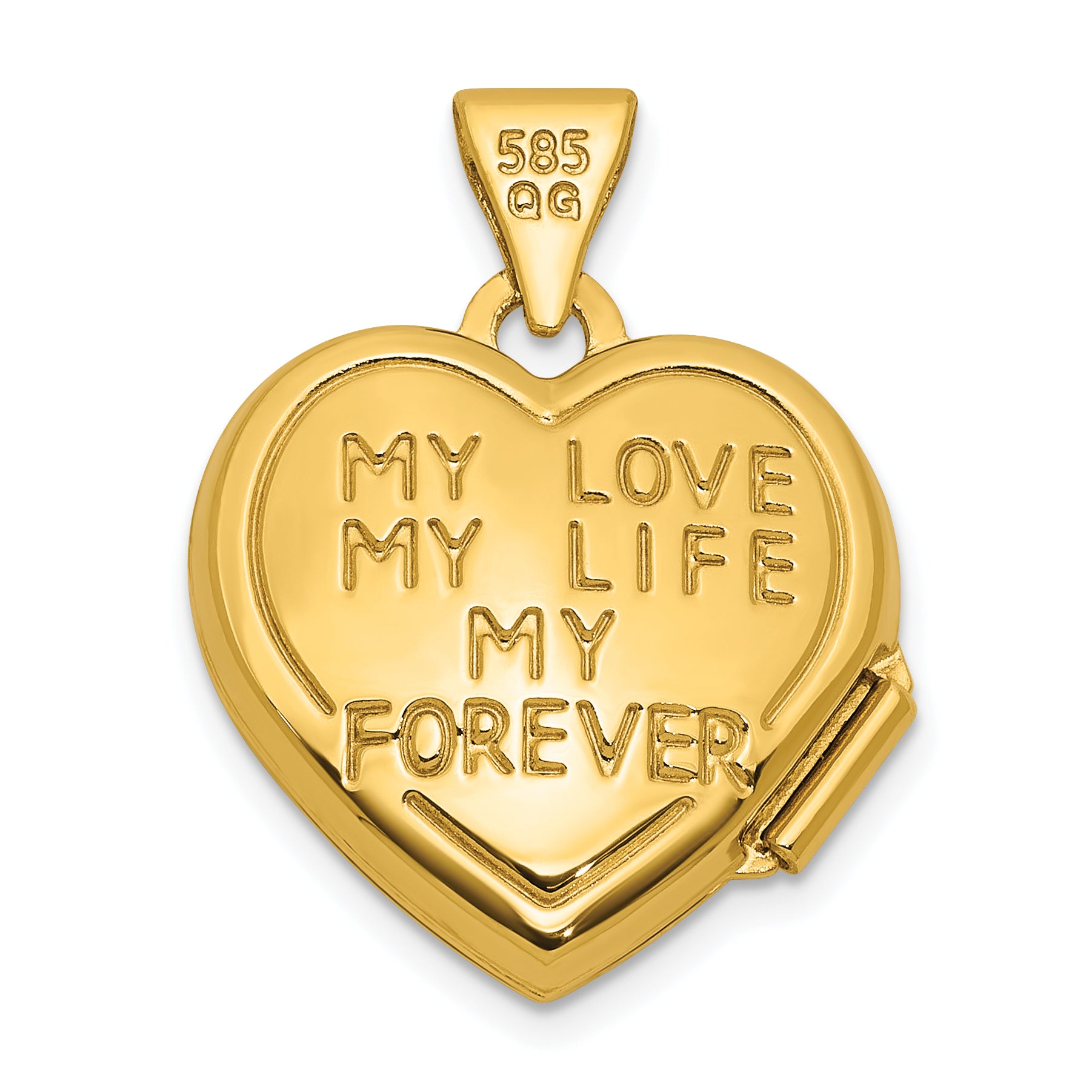 14k and White Rhodium MY LOVE MY LIFE MY FOREVER on Reverse 15mm Heart Locket