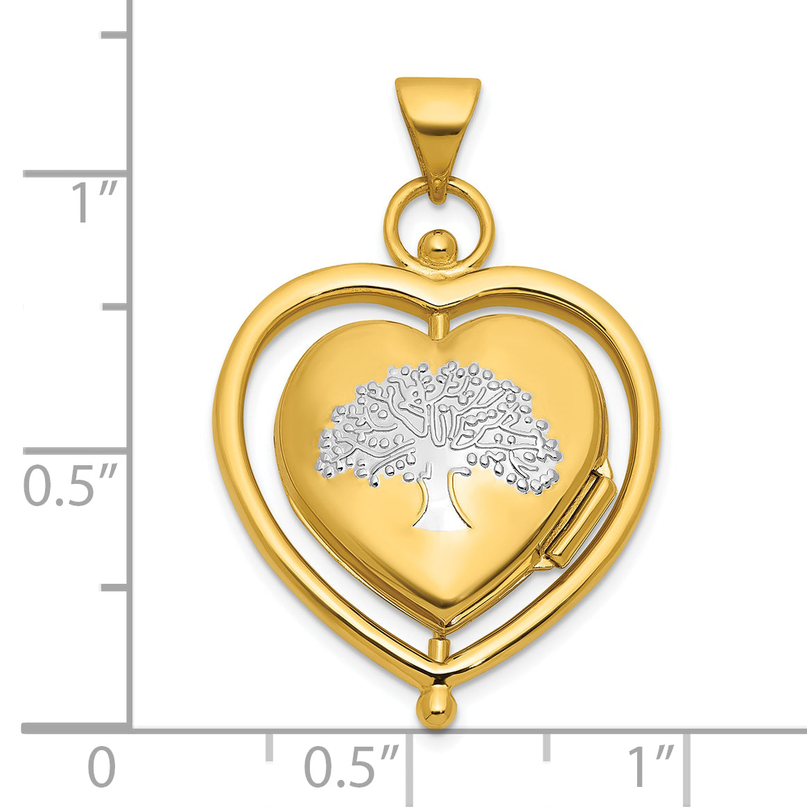 14k and White Rhodium Tree of  Life and Flowers in Spinning Frame Reversible 15mm Heart Locket