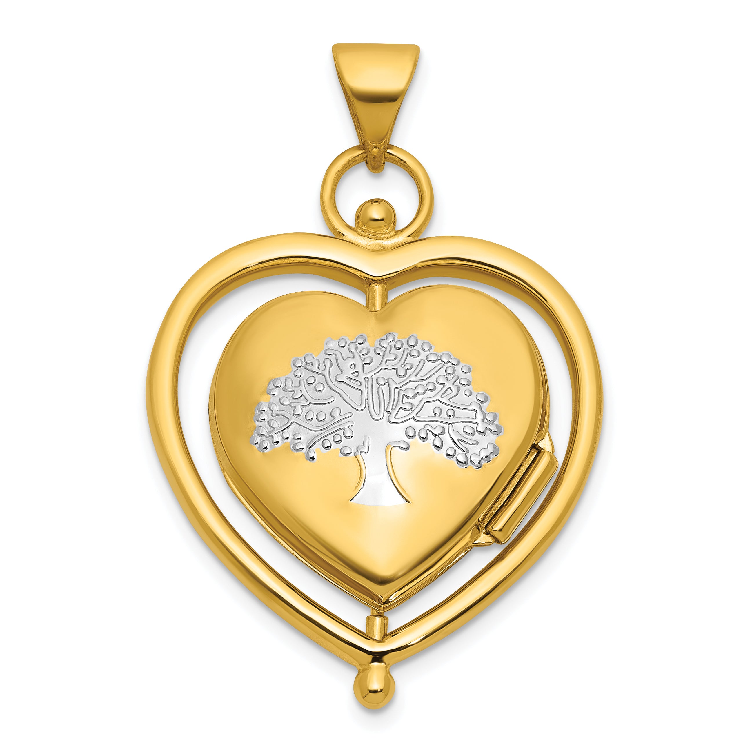 14k and White Rhodium Tree of  Life and Flowers in Spinning Frame Reversible 15mm Heart Locket Main image