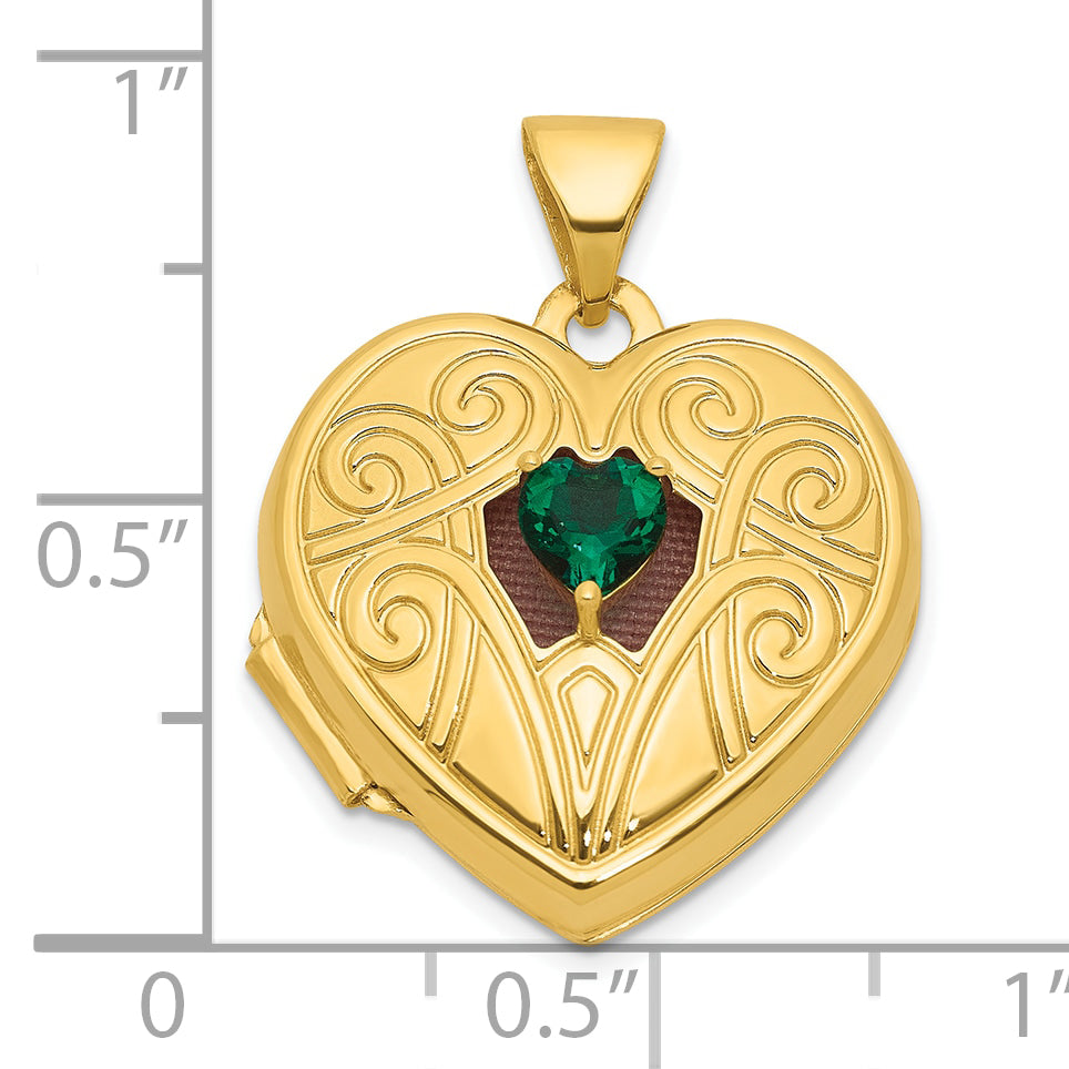 14k Polished Lab Created Emerald May Birthstone 18mm Heart Locket