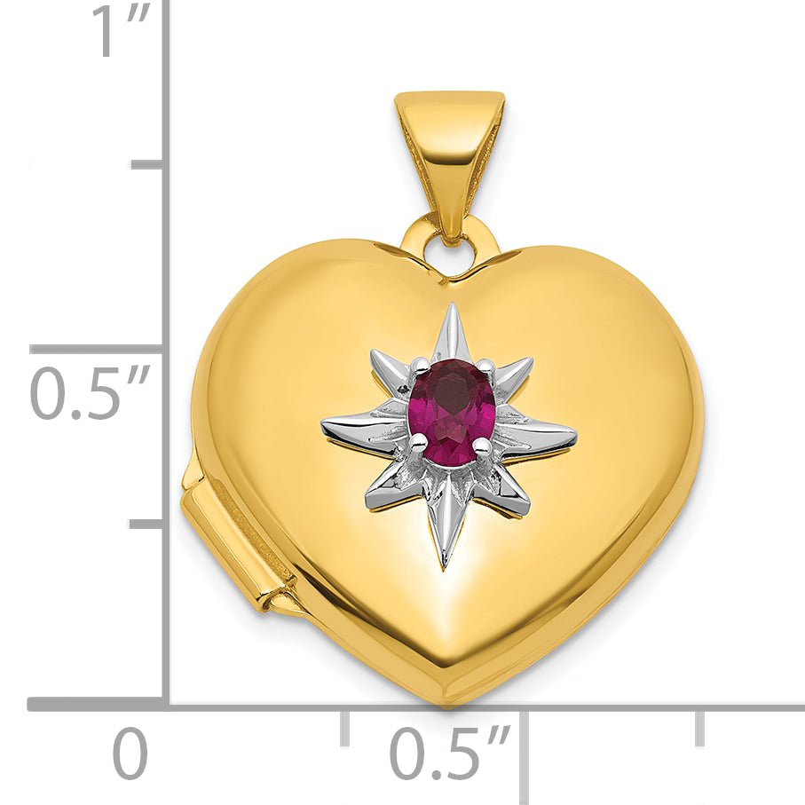 14k and White Rhodium Starburst and Round Lab Created Ruby 18mm Heart Locket