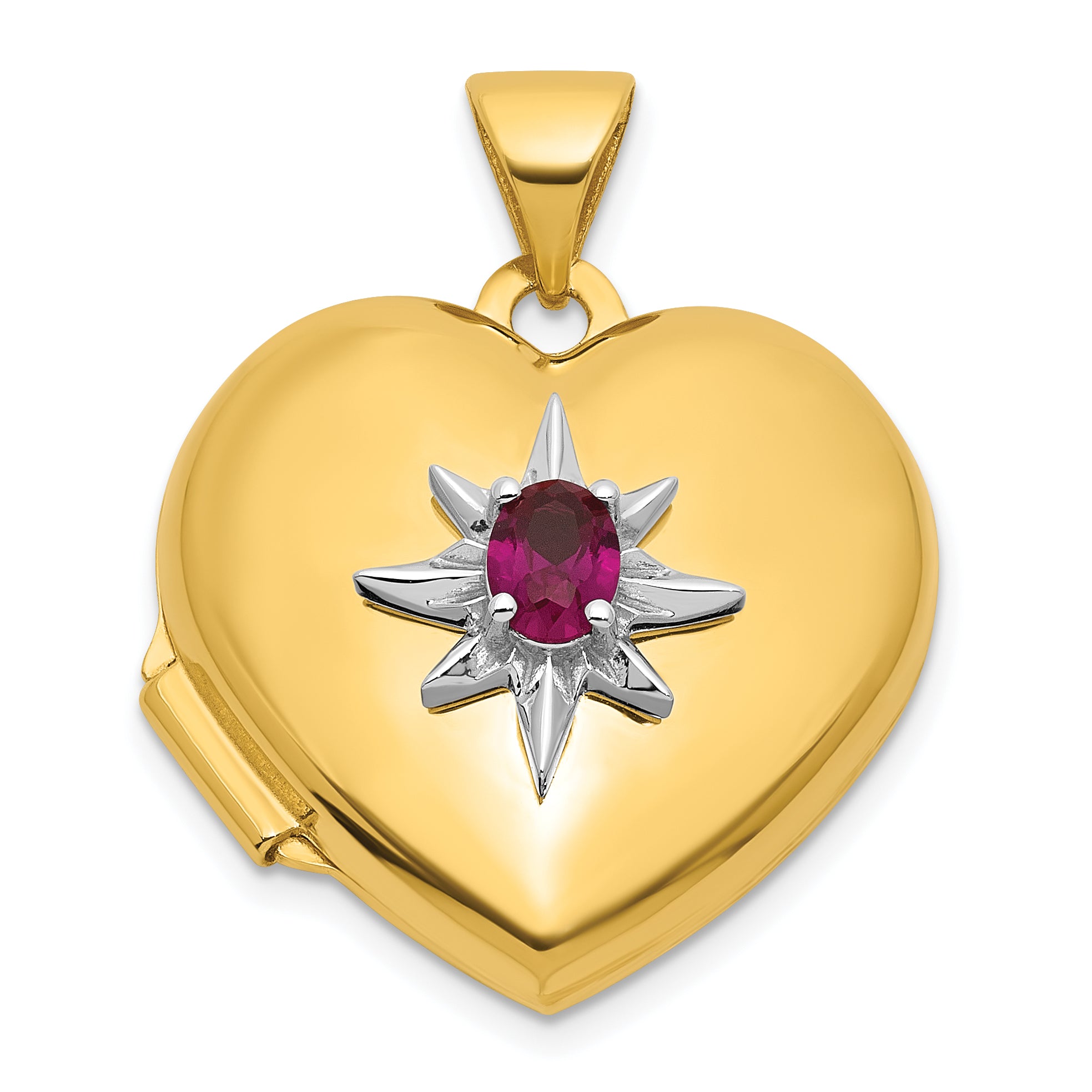14k and White Rhodium Starburst and Round Lab Created Ruby 18mm Heart Locket Main image