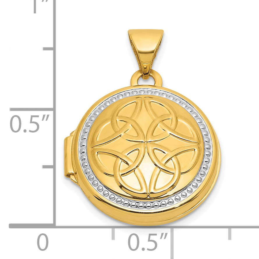 14k and White Rhodium Beaded Border Polished Celtic Knot Design 16mm Round Locket