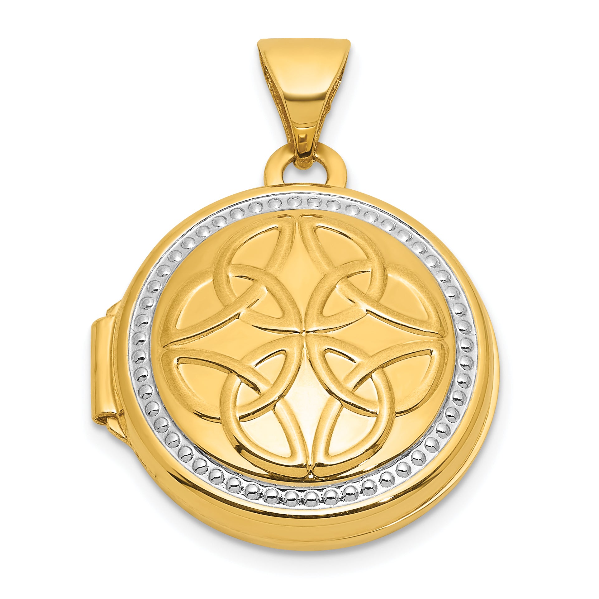 14k and White Rhodium Beaded Border Polished Celtic Knot Design 16mm Round Locket Main image