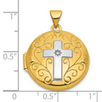 14k and White Rhodium Half Point Diamond Polished Cross 20mm Round Locket