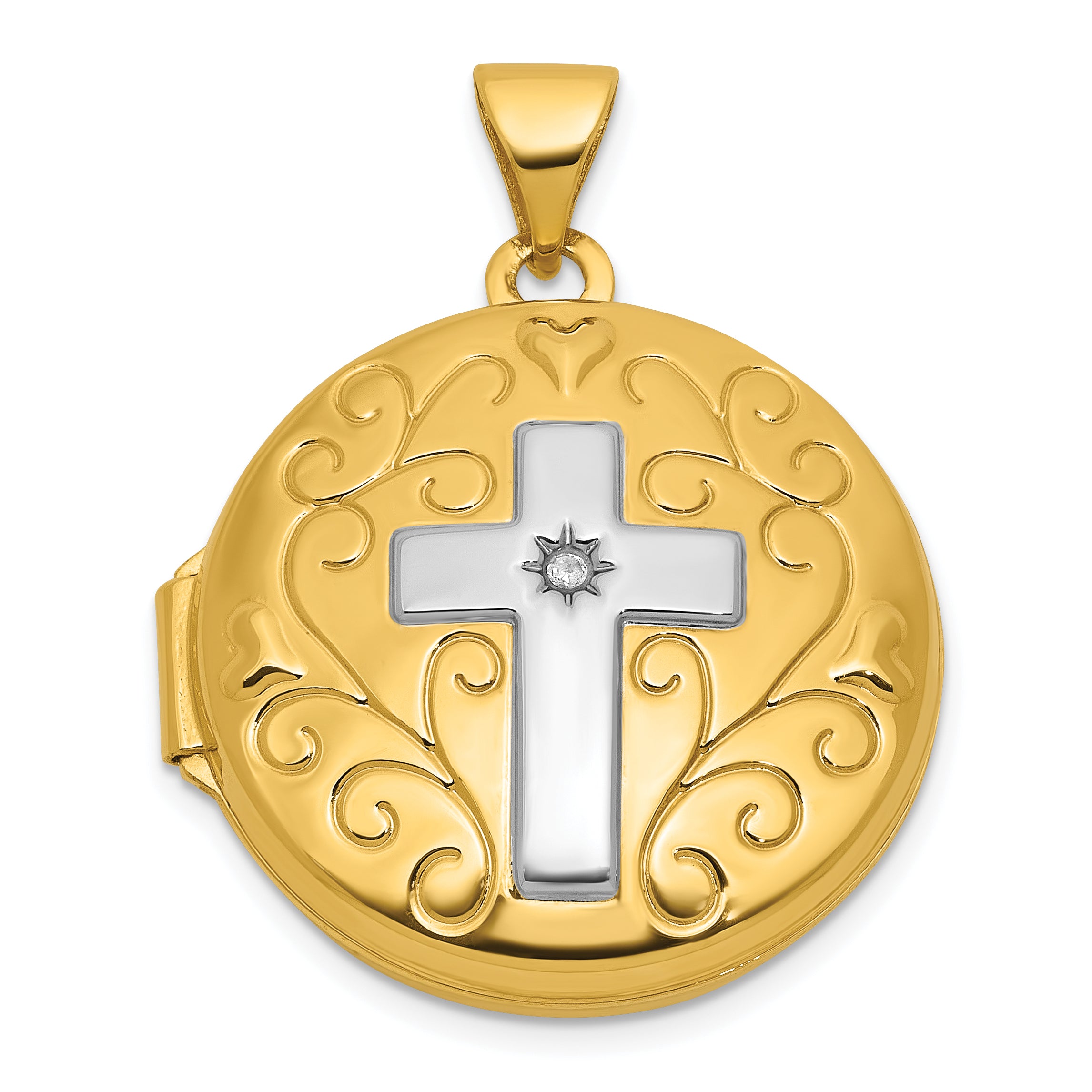 14k and White Rhodium Half Point Diamond Polished Cross 20mm Round Locket Main image