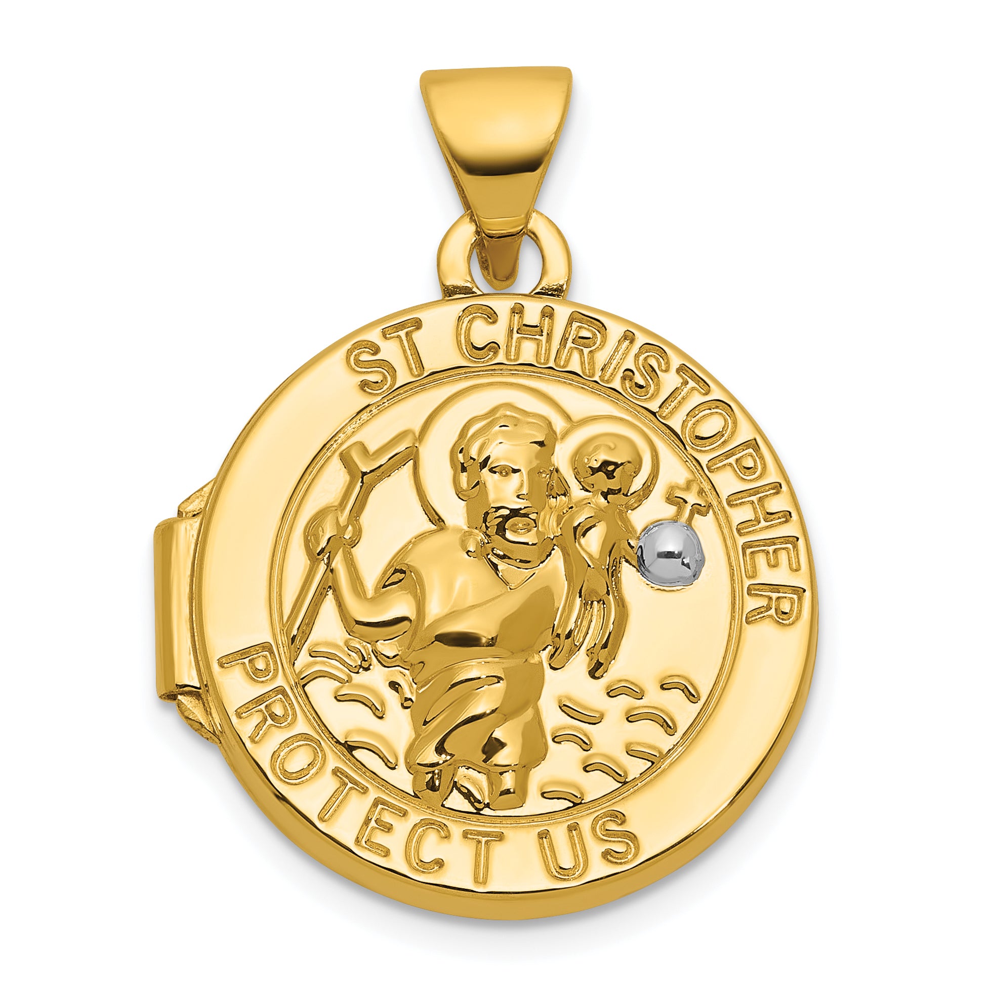14k and White Rhodium Polished Saint Christopher Protect Us 16mm Round Locket Main image