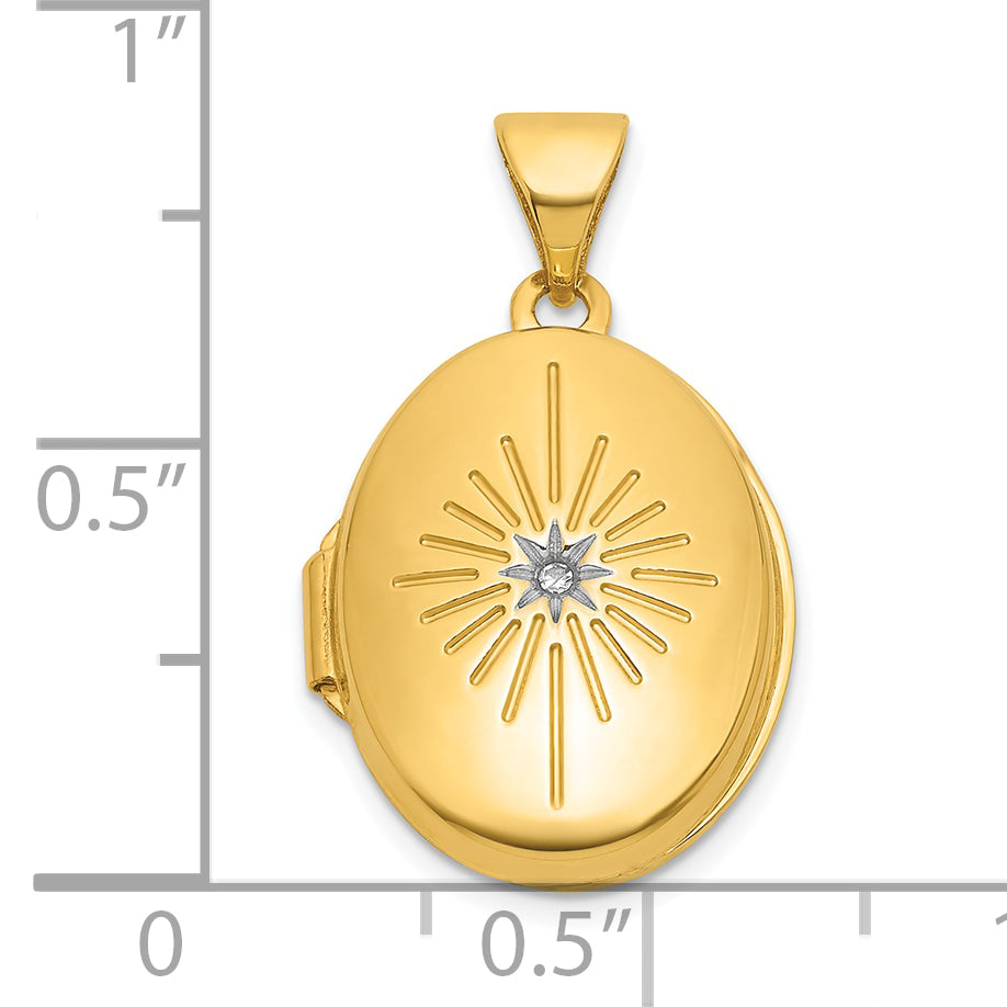 14k Polished Half Point Diamond Starburst 17mm Oval Locket