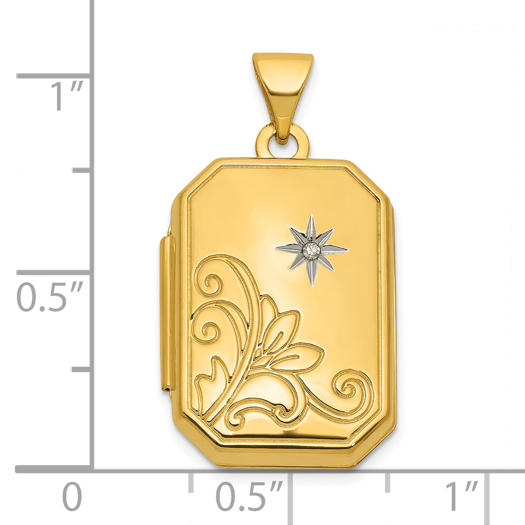 14k Half Point Diamond Polished Floral And Star 20mm Rectangle Locket