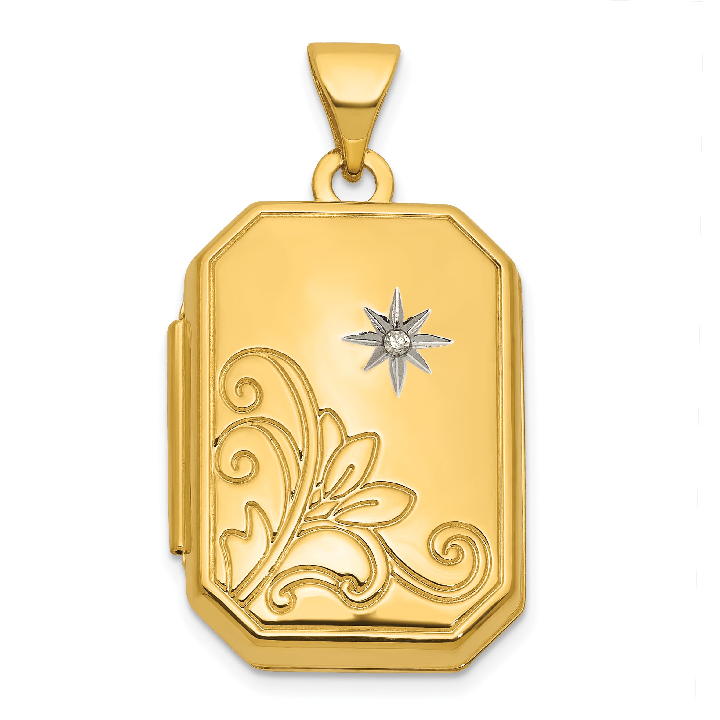 14k Half Point Diamond Polished Floral And Star 20mm Rectangle Locket