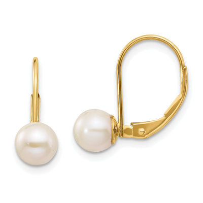 White Freshwater Pearl Leverback Earrings in 14K Yellow Gold, 6mm - Sophia Jewelers