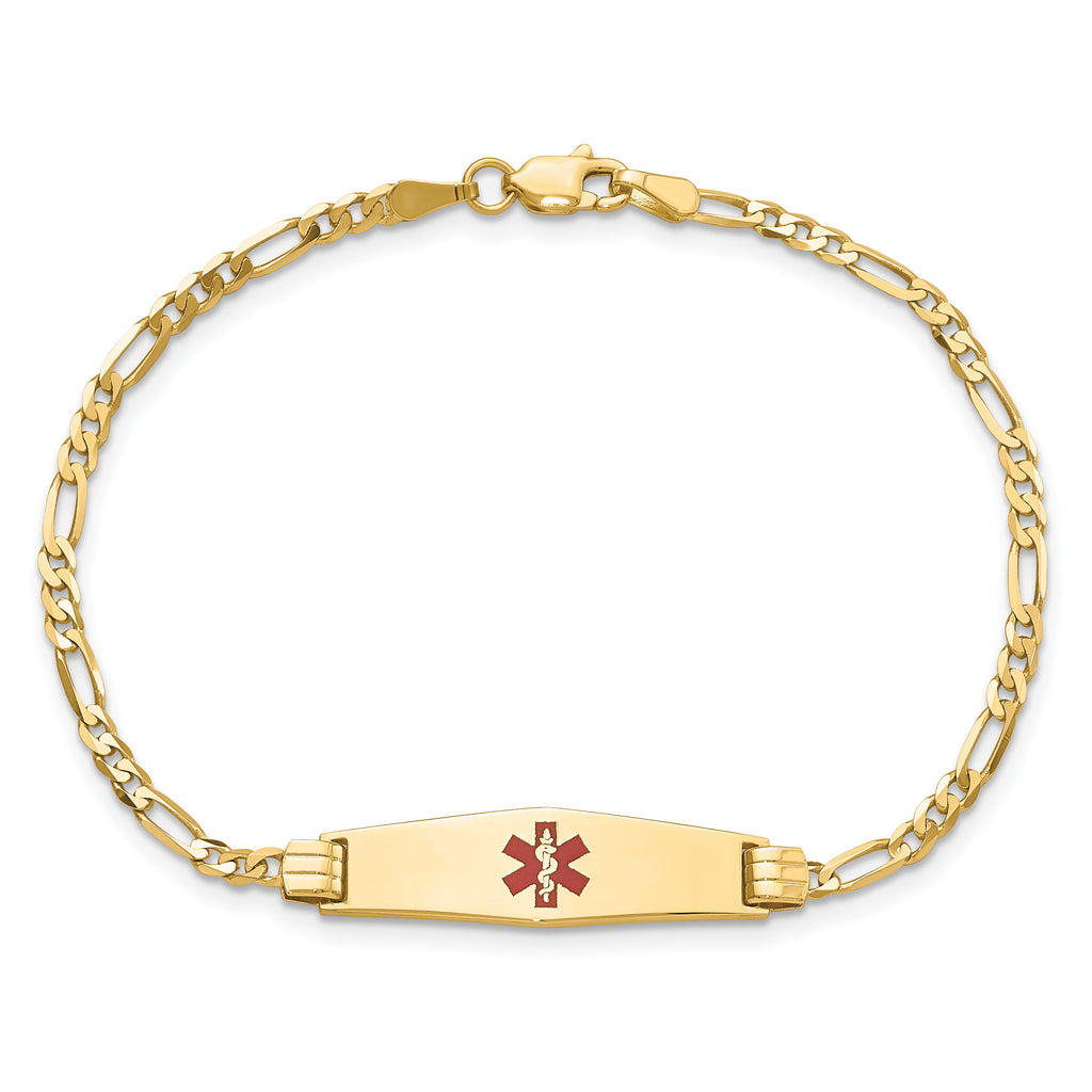 14K Medical Solid Chain/Solid Plate 24x7mm Soft Diamond Shape Centered Red Enamel Figaro Link 8 inch ID Bracelet