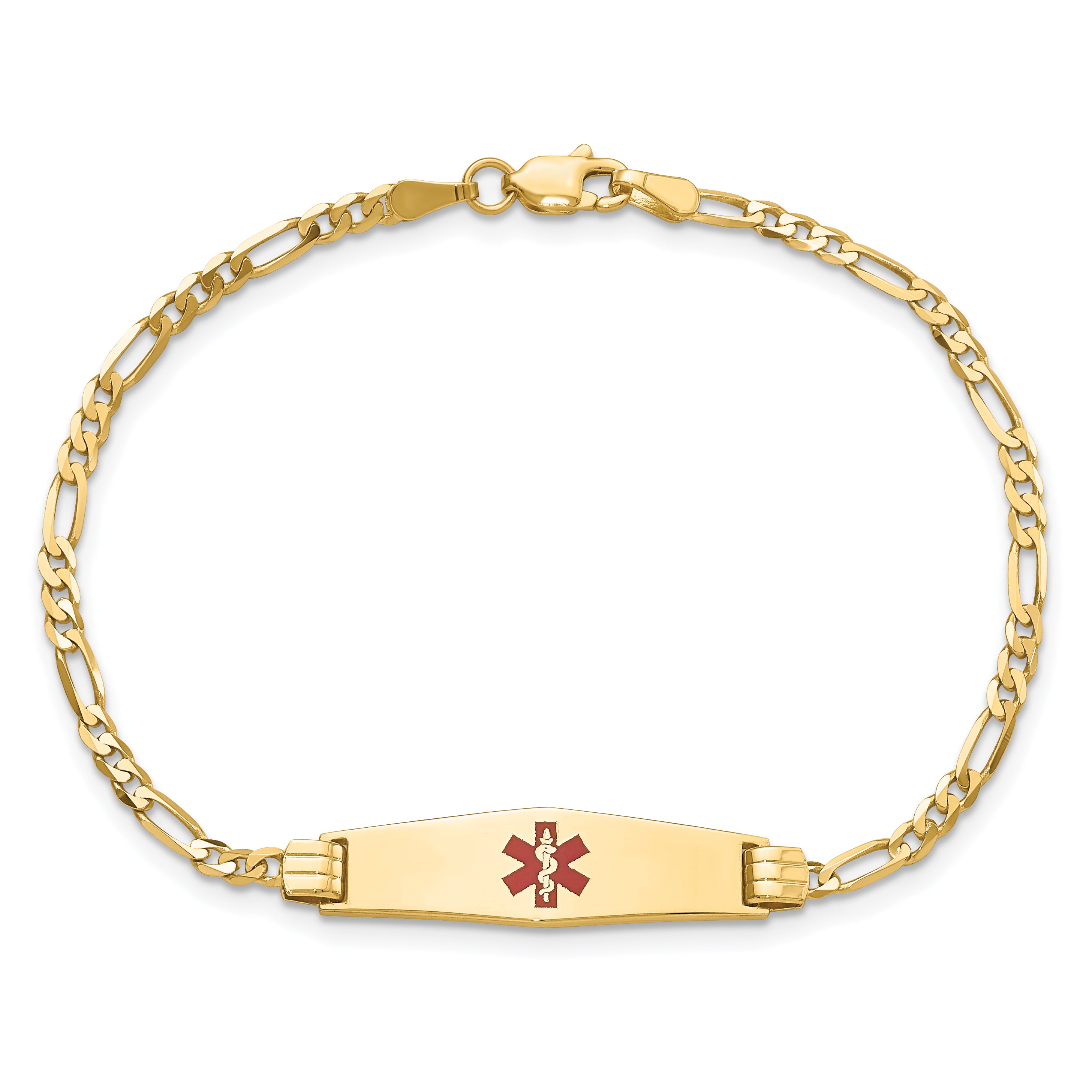 14K Medical Solid Chain/Solid Plate 24x7mm Soft Diamond Shape Centered Red Enamel Figaro Link 8 inch ID Bracelet