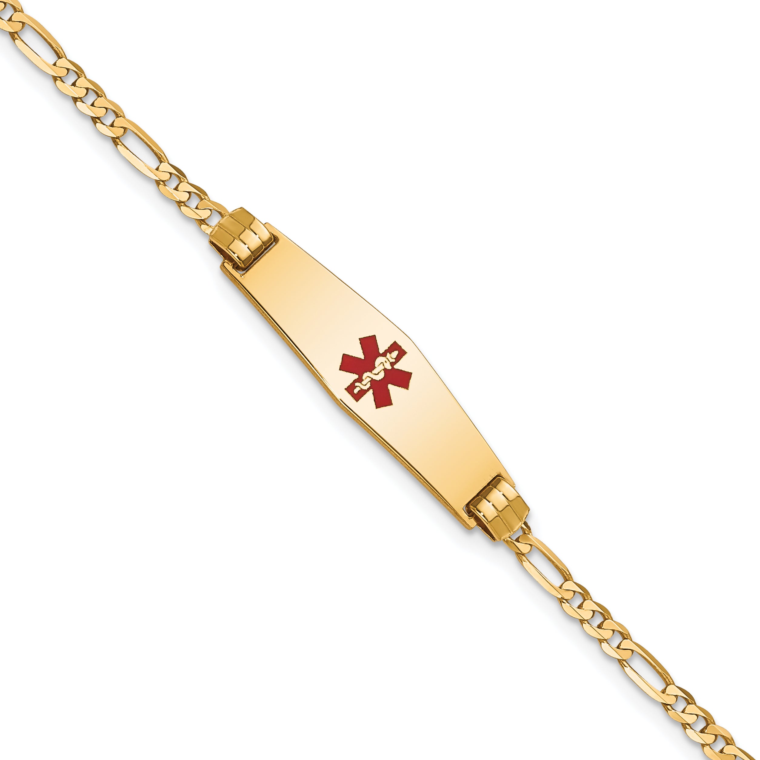 14K Medical Solid Chain/Solid Plate 24x7mm Soft Diamond Shape Centered Red Enamel Figaro Link 7 inch ID Bracelet