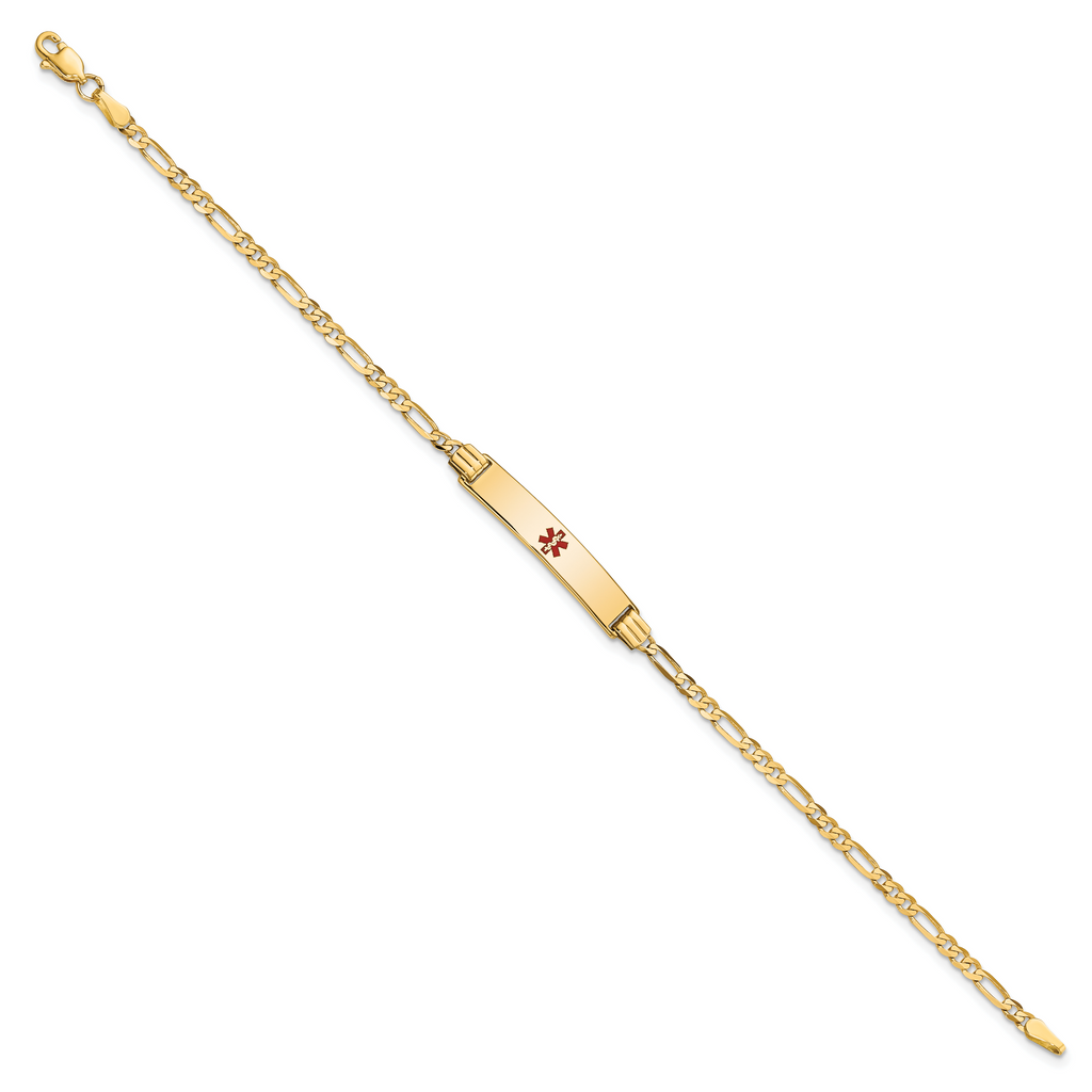 14K Medical Solid Chain/Solid Plate 26x5mm Centered Red Enamel Figaro Link 7 inch ID Bracelet