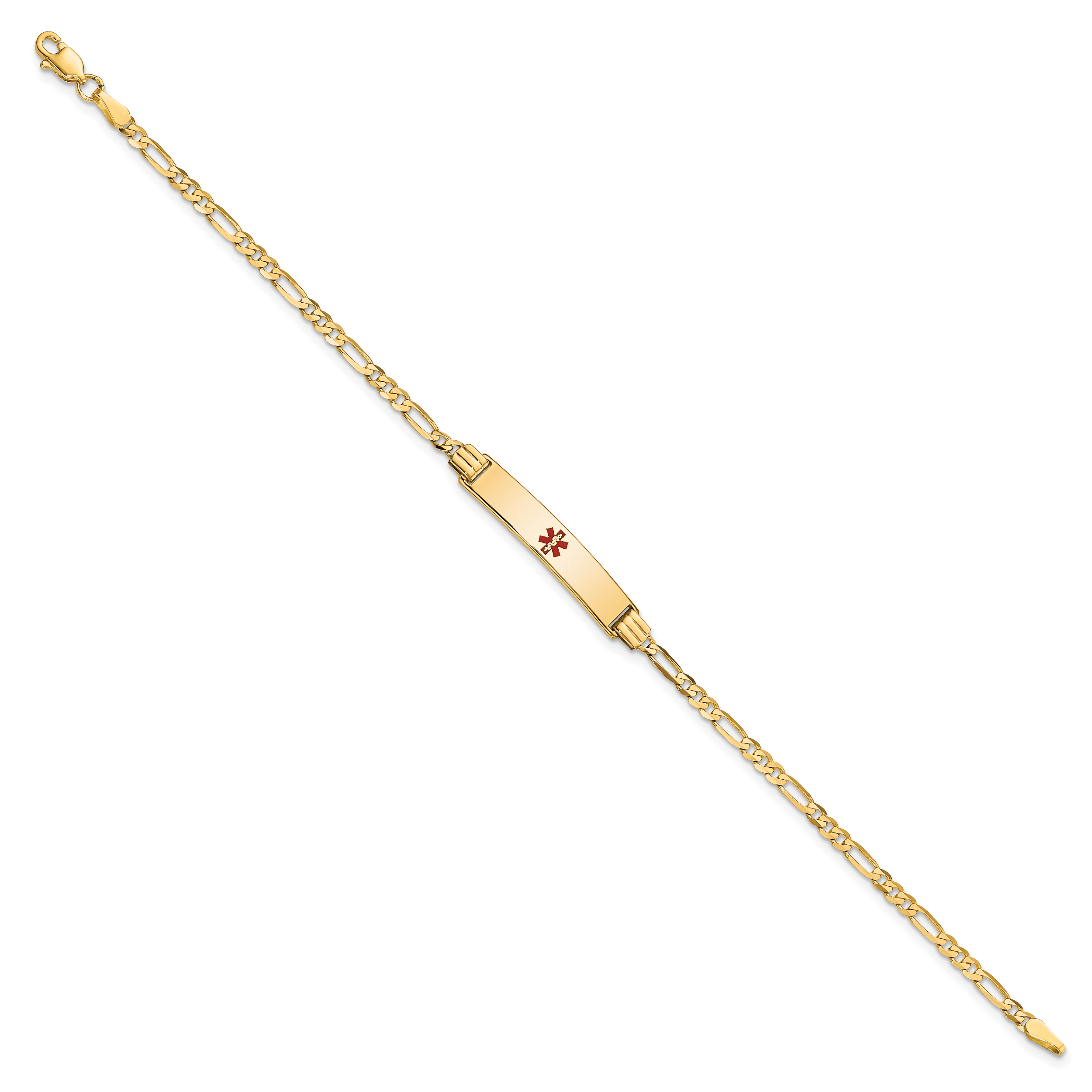 14K Medical Solid Chain/Solid Plate 26x5mm Centered Red Enamel Figaro Link 8 inch ID Bracelet