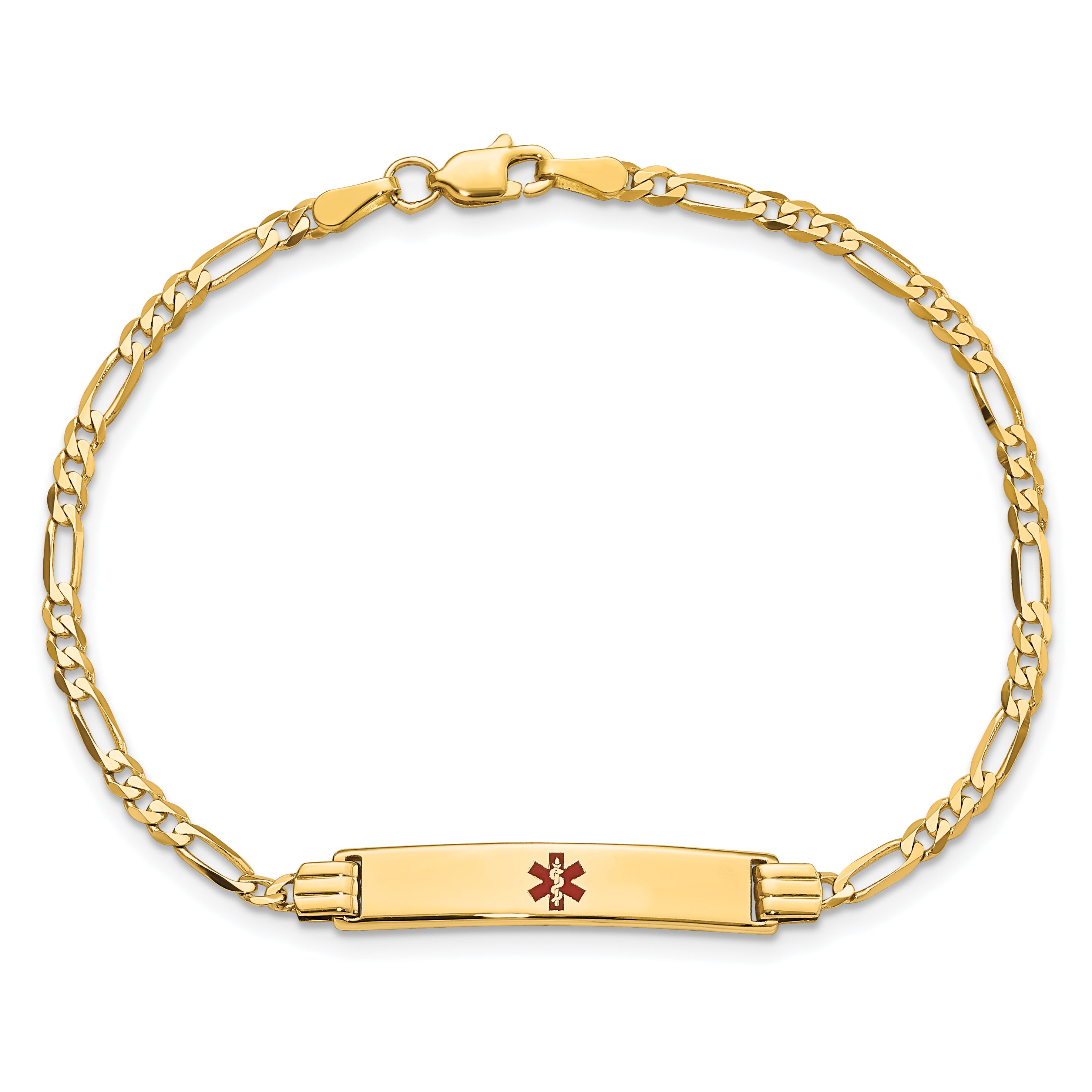 14K Medical Solid Chain/Solid Plate 26x5mm Centered Red Enamel Figaro Link 7 inch ID Bracelet