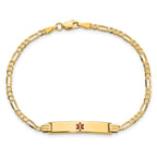 14K Medical Solid Chain/Solid Plate 26x5mm Centered Red Enamel Figaro Link 8 inch ID Bracelet