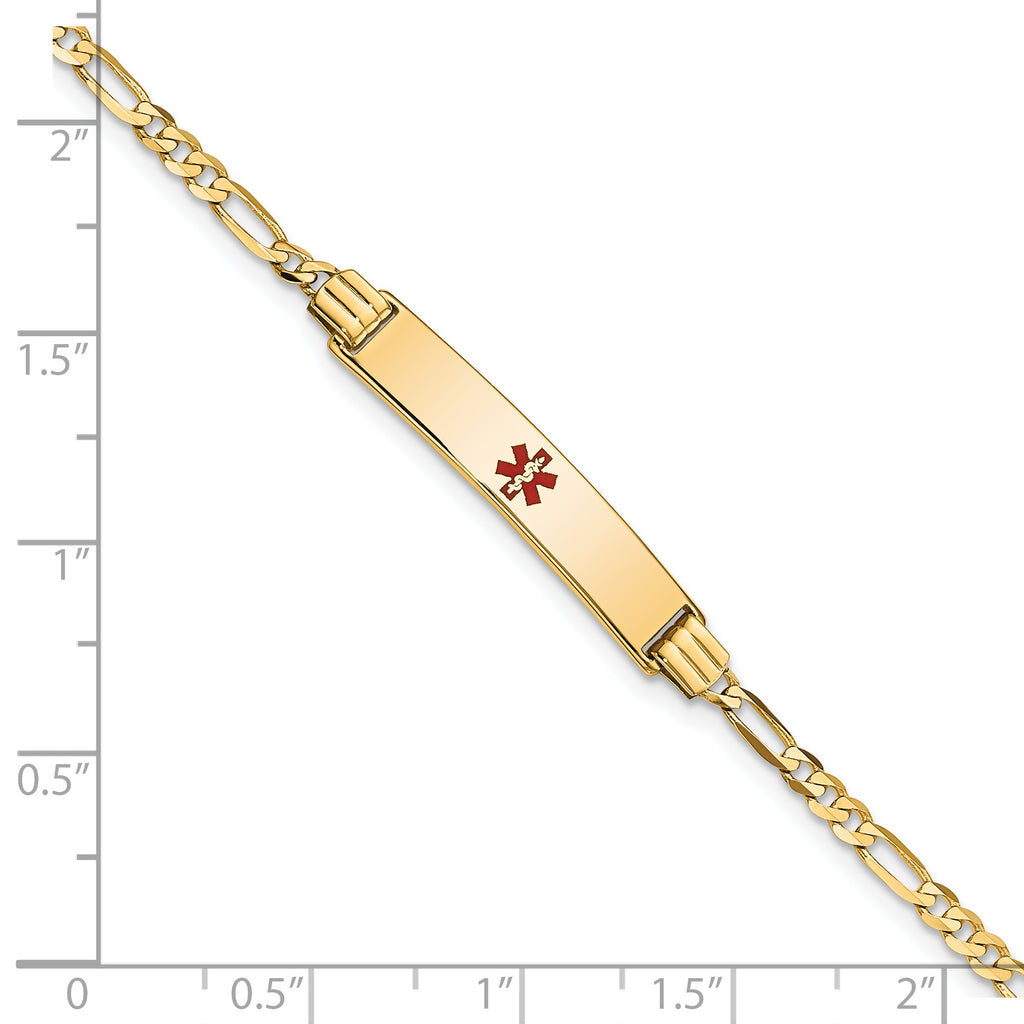 14K Medical Solid Chain/Solid Plate 26x5mm Centered Red Enamel Figaro Link 7 inch ID Bracelet