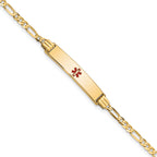 14K Medical Solid Chain/Solid Plate 26x5mm Centered Red Enamel Figaro Link 8 inch ID Bracelet