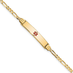 14K Medical Solid Chain/Solid Plate 26x5mm Centered Red Enamel Figaro Link 7 inch ID Bracelet