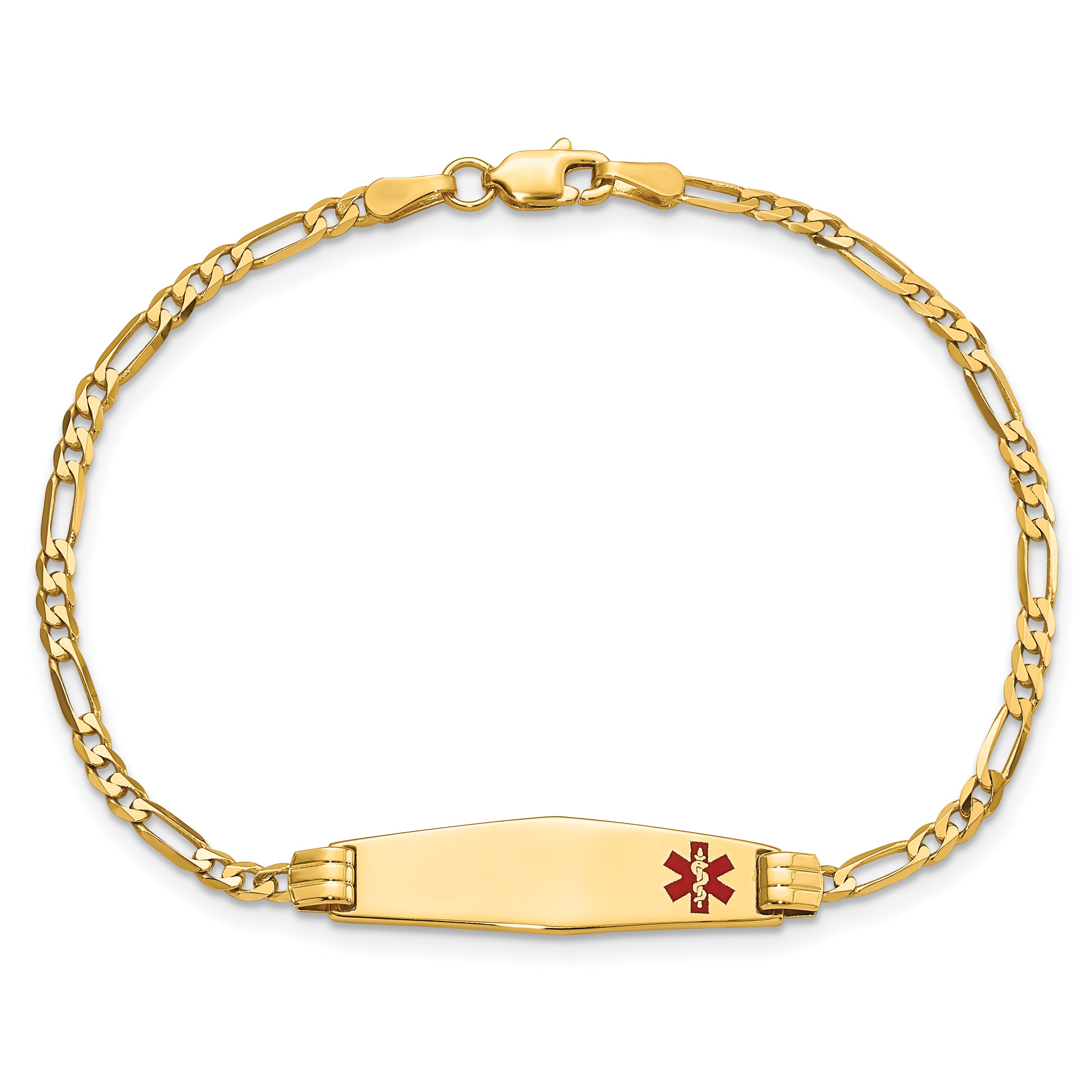 14K Medical Solid Chain/Solid Plate 26x7mm Soft Diamond Shape Off-Center Red Enamel Figaro Link 7 inch ID Bracelet