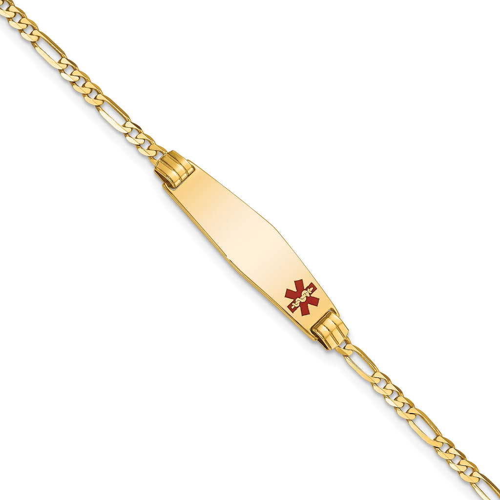 14K Medical Solid Chain/Solid Plate 26x7mm Soft Diamond Shape Off-Center Red Enamel Figaro Link 8 inch ID Bracelet