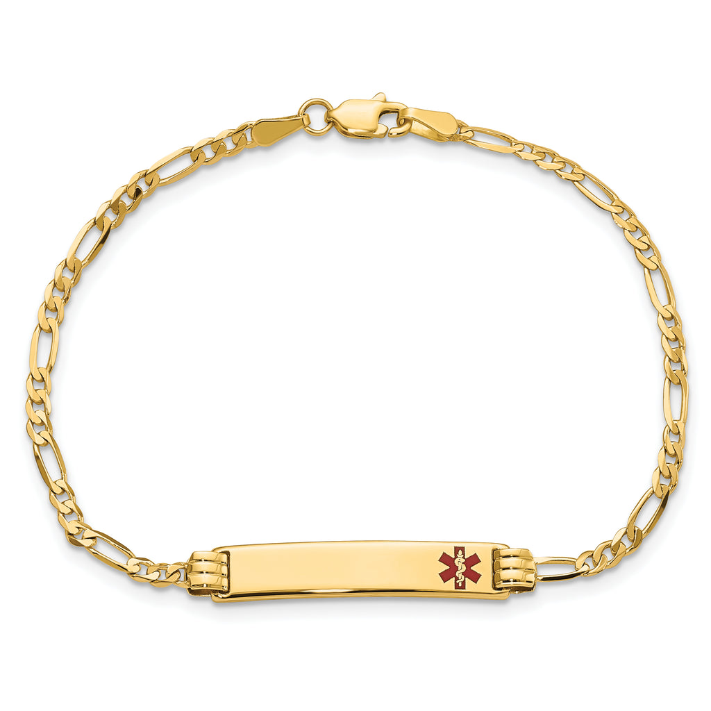 14K Medical Solid Chain/Solid Plate 26x5mm Off-Center Red Enamel Figaro Link 8 inch ID Bracelet