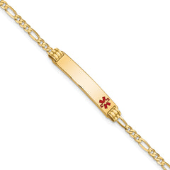 14K Medical Solid Chain/Solid Plate 26x5mm Off-Center Red Enamel Figaro Link 7 inch ID Bracelet