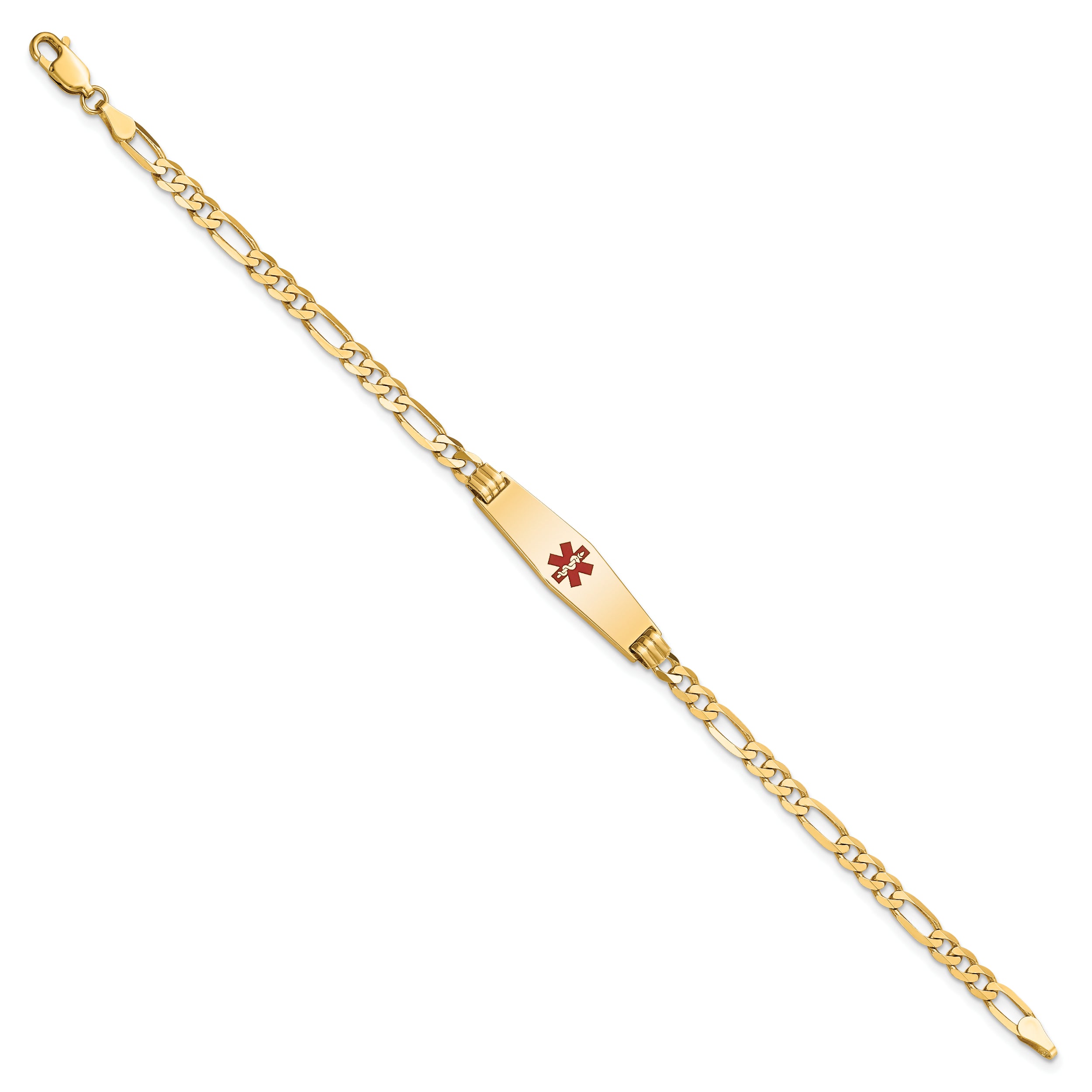 14K Medical Solid Chain/Solid Plate 24x7mm Soft Diamond Shape Centered Red Enamel Figaro Link 7 inch ID Bracelet