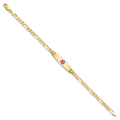 14K Medical Solid Chain/Solid Plate 24x7mm Soft Diamond Shape Centered Red Enamel Figaro Link 7 inch ID Bracelet