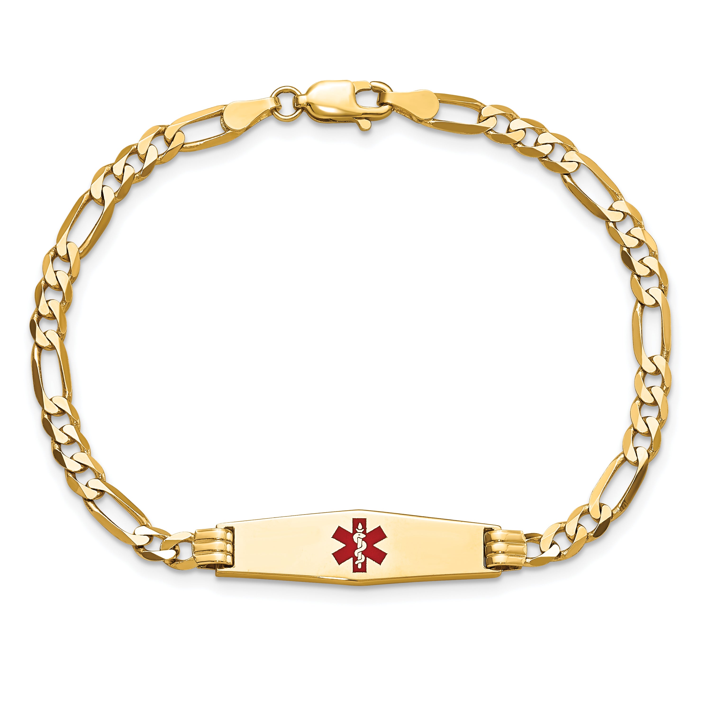 14K Medical Solid Chain/Solid Plate 24x7mm Soft Diamond Shape Centered Red Enamel Figaro Link 7 inch ID Bracelet