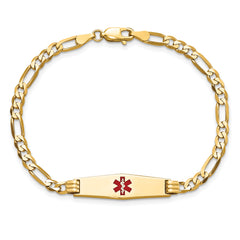 14K Medical Solid Chain/Solid Plate 24x7mm Soft Diamond Shape Centered Red Enamel Figaro Link 7 inch ID Bracelet