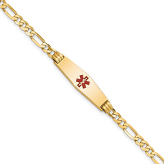 14K Medical Solid Chain/Solid Plate 24x7mm Soft Diamond Shape Centered Red Enamel Figaro Link 7 inch ID Bracelet