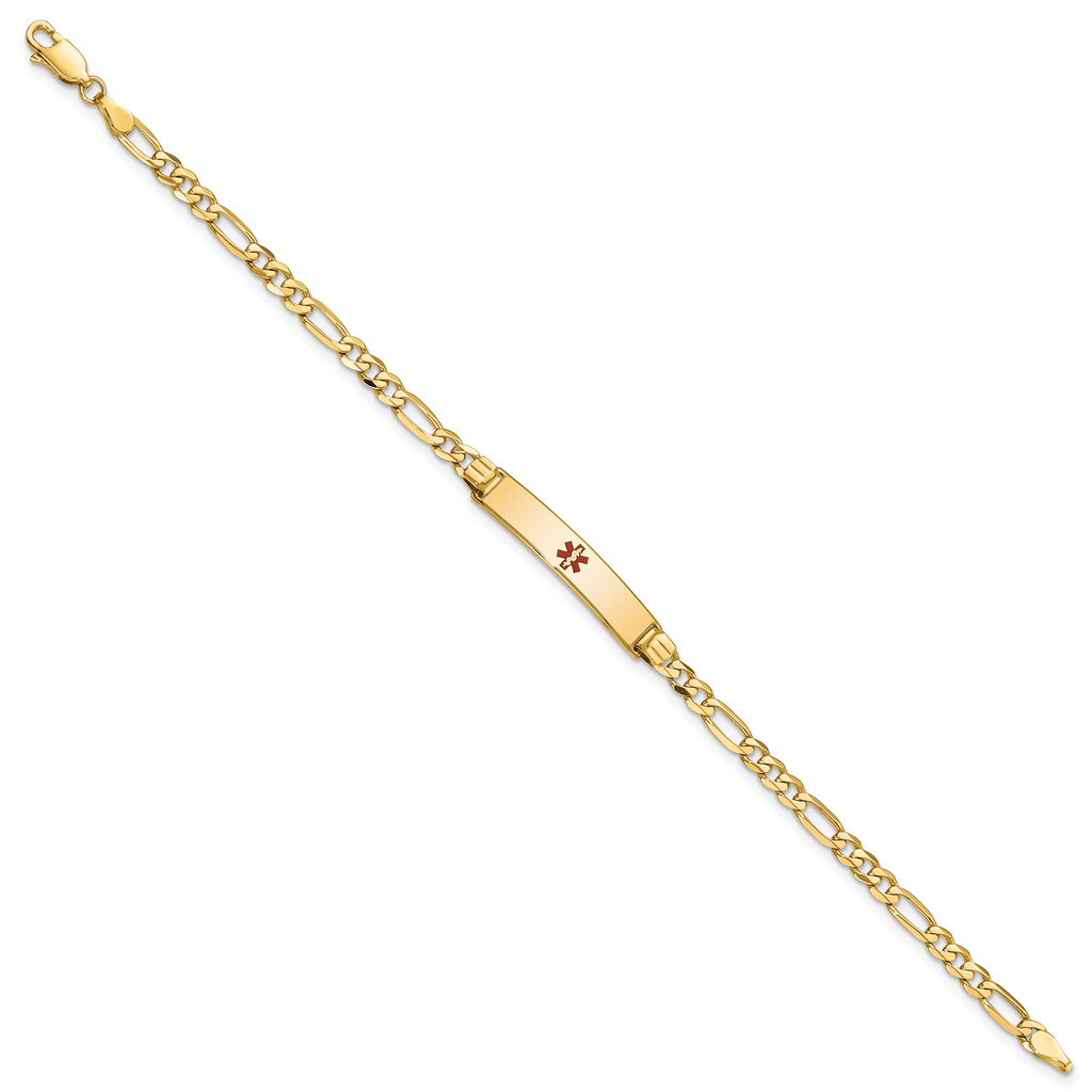 14K Medical Solid Chain/Solid Plate 26x5mm Centered Red Enamel Figaro Link 7 inch ID Bracelet