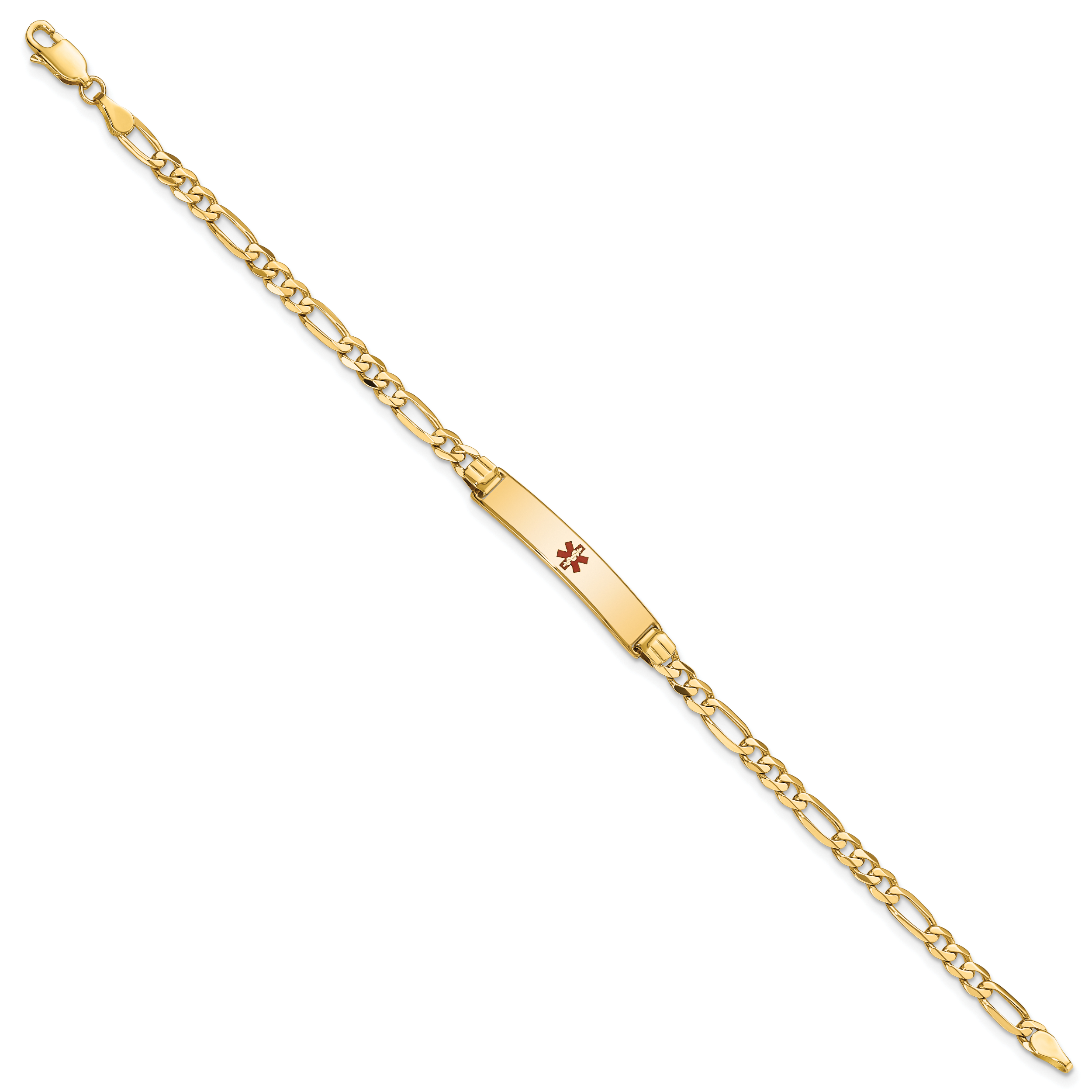 14K Medical Solid Chain/Solid Plate 26x5mm Centered Red Enamel Figaro Link 7 inch ID Bracelet