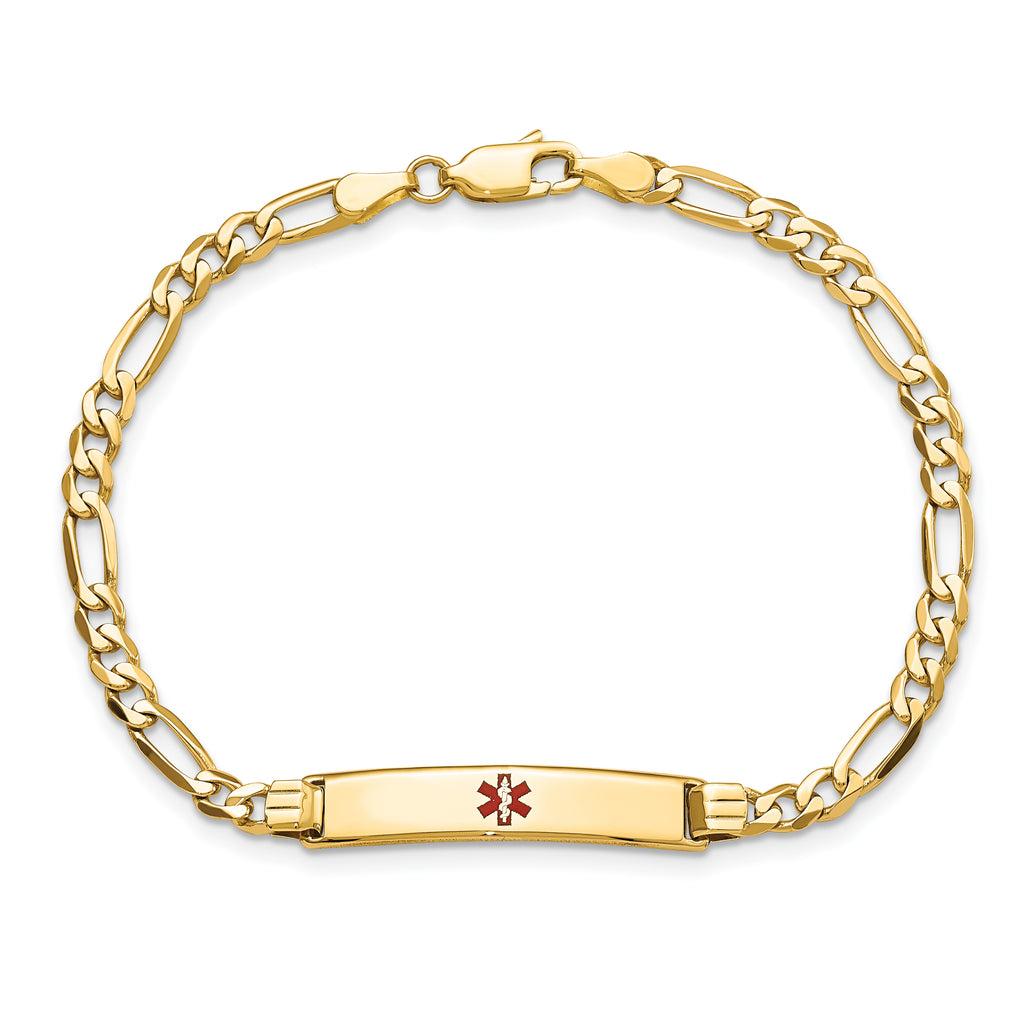 14K Medical Solid Chain/Solid Plate 26x5mm Centered Red Enamel Figaro Link 8 inch ID Bracelet