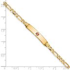14K Medical Solid Chain/Solid Plate 26x5mm Centered Red Enamel Figaro Link 8 inch ID Bracelet