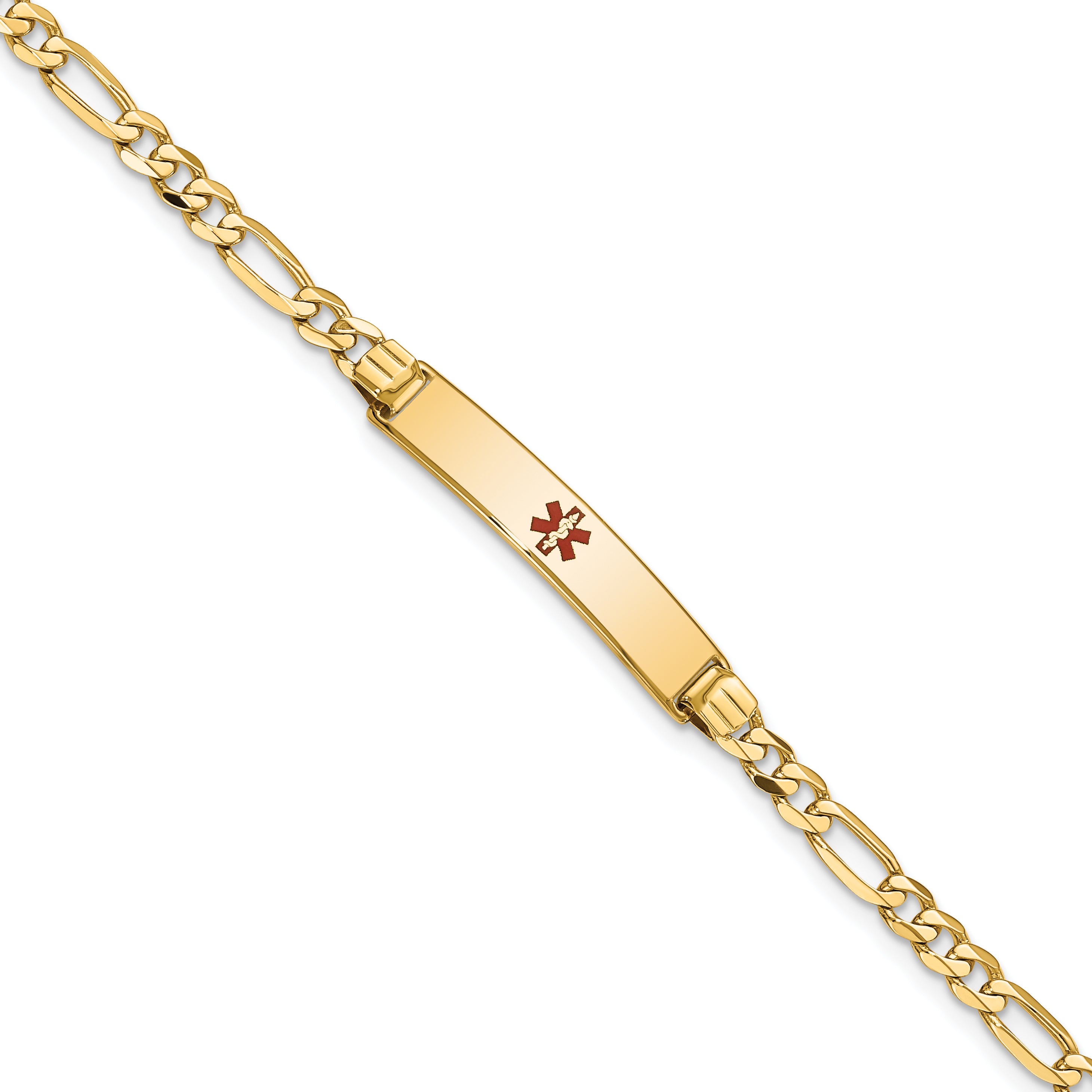 14K Medical Solid Chain/Solid Plate 26x5mm Centered Red Enamel Figaro Link 7 inch ID Bracelet