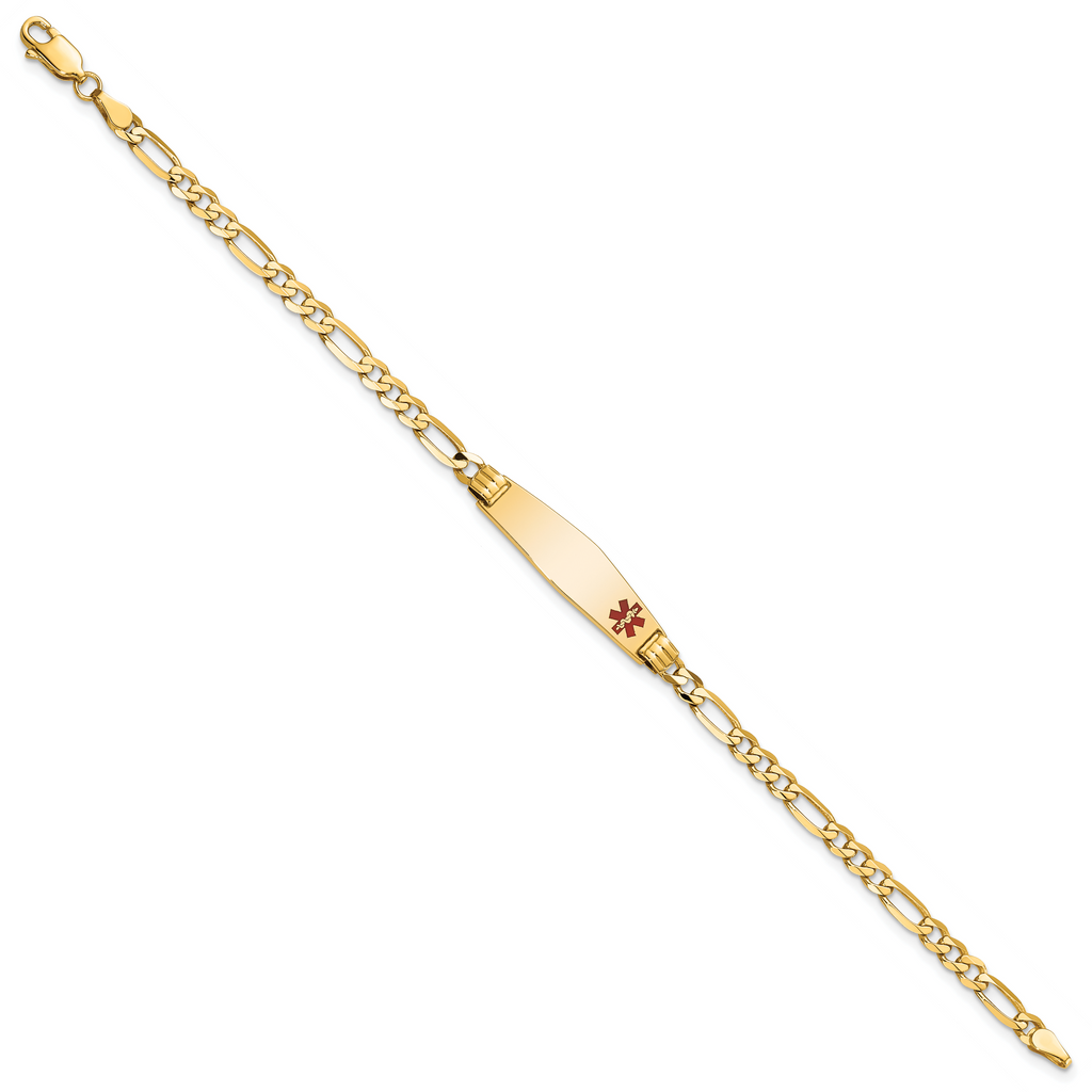 14K Medical Solid Chain/Solid Plate 26x7mm Soft Diamond Shape Off-Center Red Enamel Figaro Link 7 inch ID Bracelet