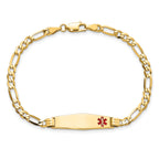 14K Medical Solid Chain/Solid Plate 26x7mm Soft Diamond Shape Off-Center Red Enamel Figaro Link 8 inch ID Bracelet