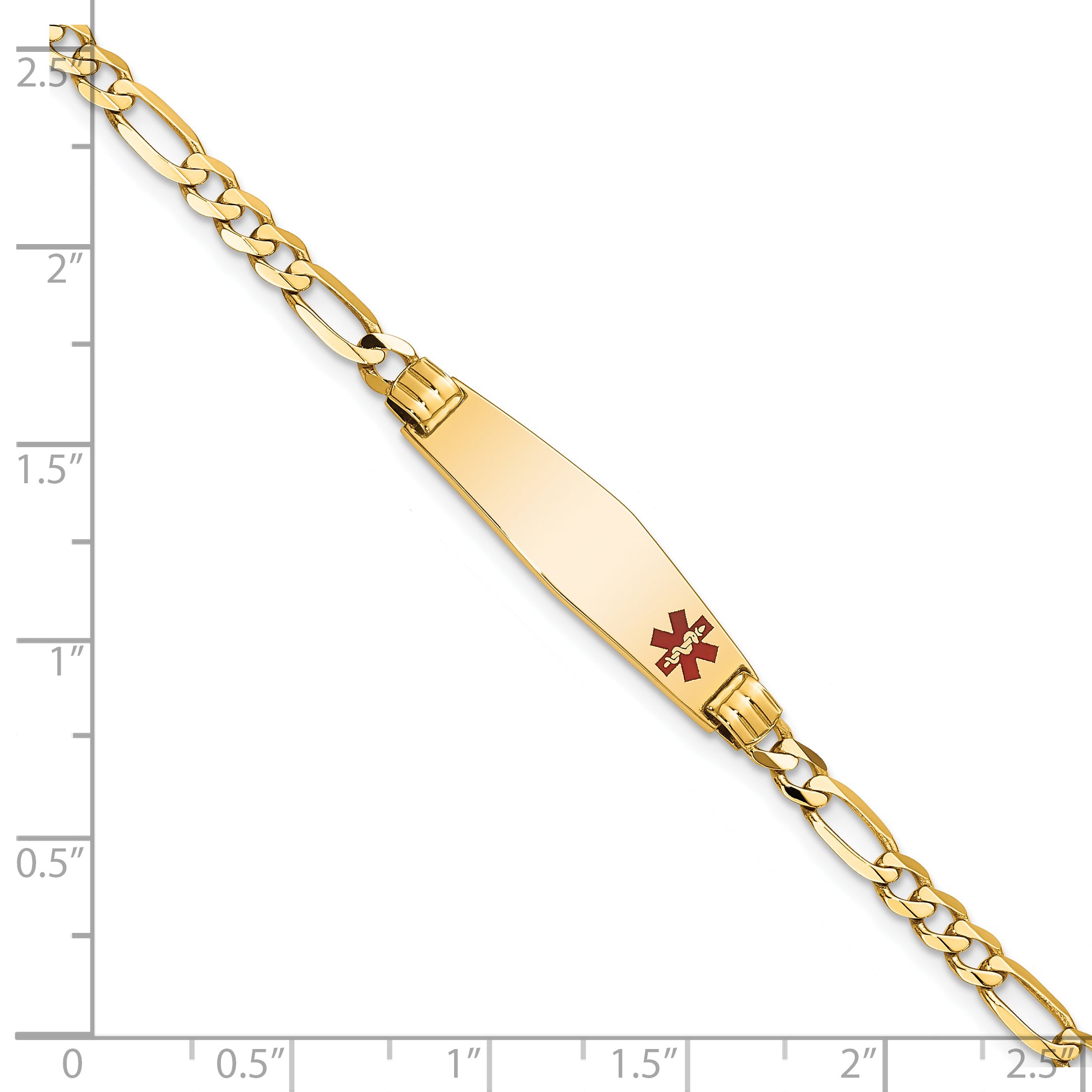 14K Medical Solid Chain/Solid Plate 26x7mm Soft Diamond Shape Off-Center Red Enamel Figaro Link 7 inch ID Bracelet