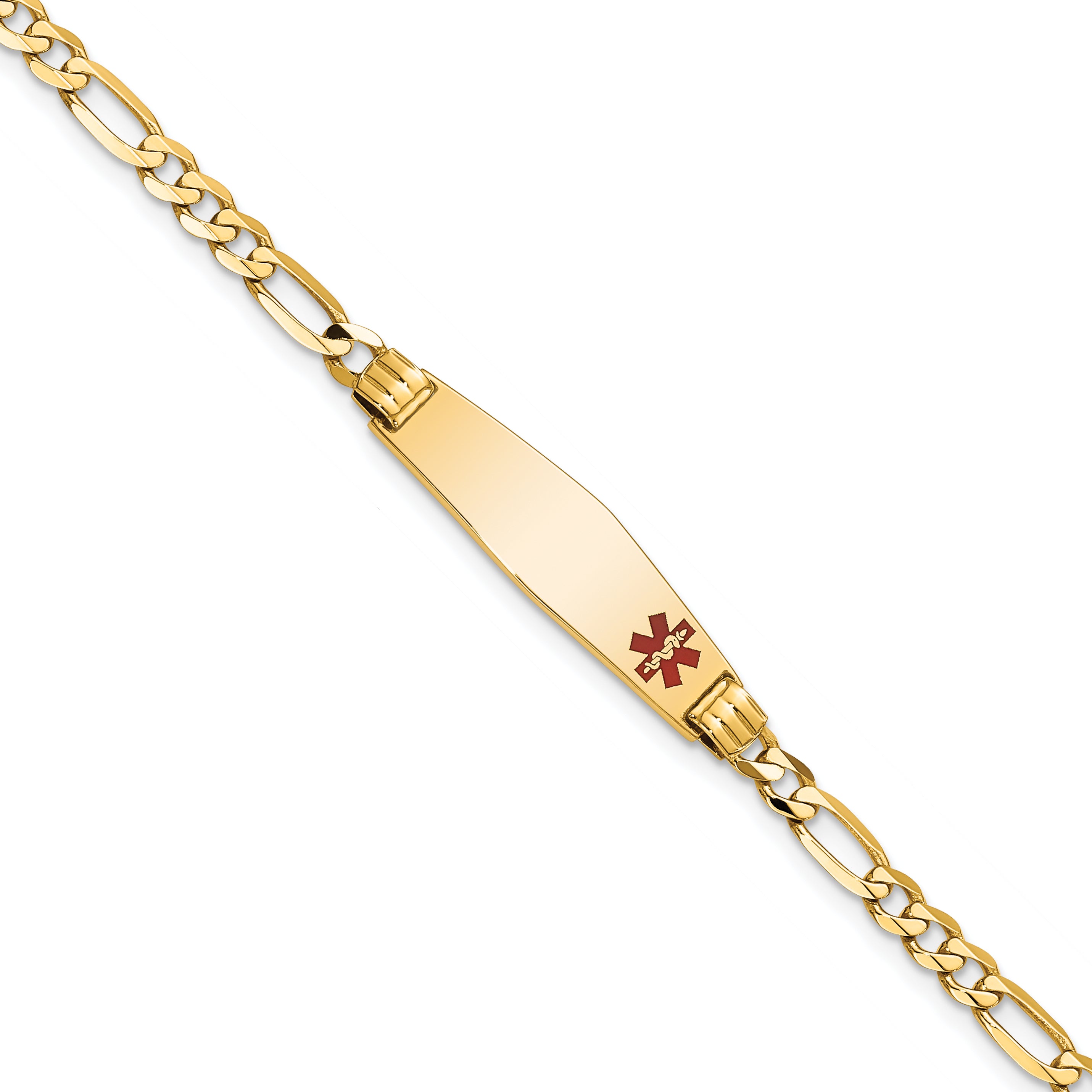 14K Medical Solid Chain/Solid Plate 26x7mm Soft Diamond Shape Off-Center Red Enamel Figaro Link 7 inch ID Bracelet Main image